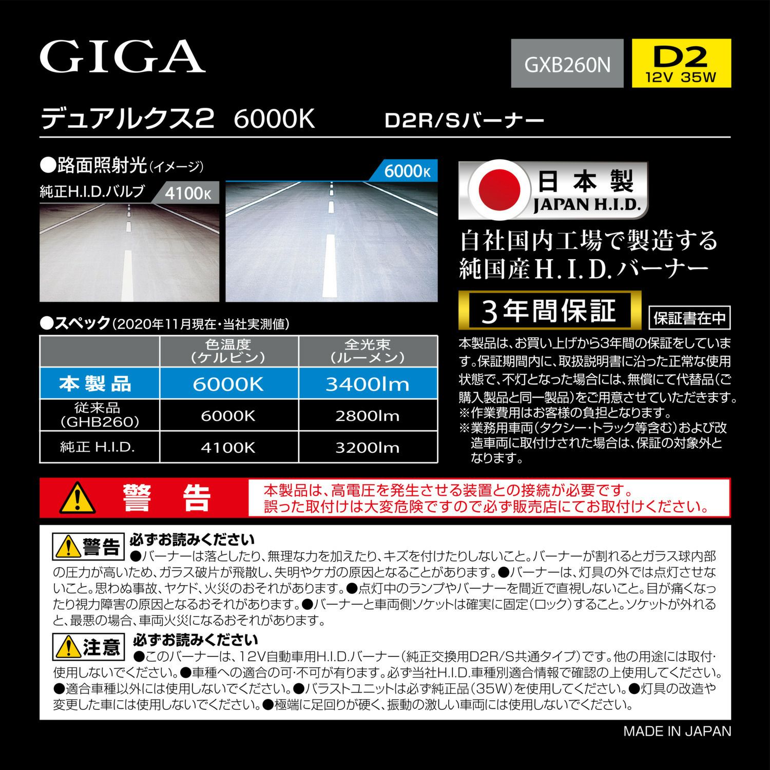 GXB260N GIGA 純正交換HID DUALX2 D2R/D2S共通 6000K 3400LM 車検対応 