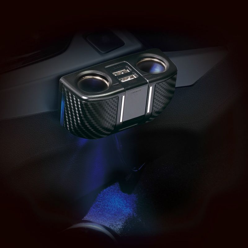 DZ322 ソケット 2連 フラットコード付 2USB 2.4A カーボン調